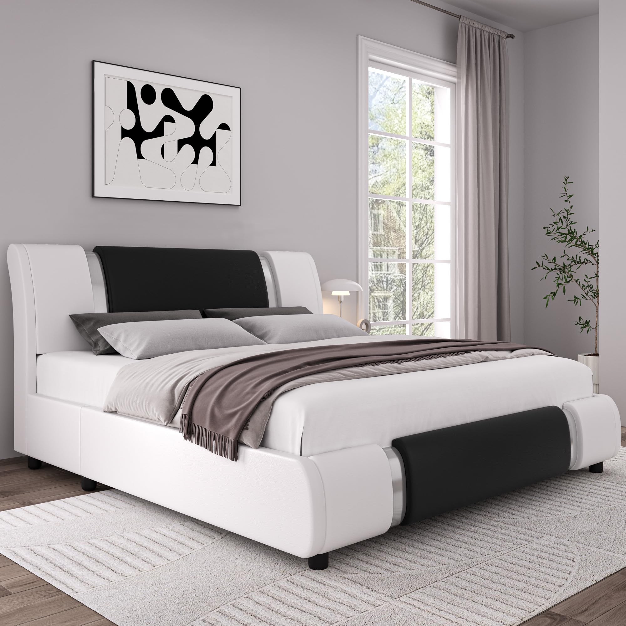 Keyluv Modern Faux Leather Upholstered Queen Size Bed Frame with Mirror Metal Headboard - Wooden Slats Support, No Box Spring Needed, White & Black - Perfect for Contemporary Bedrooms and Guest Rooms
