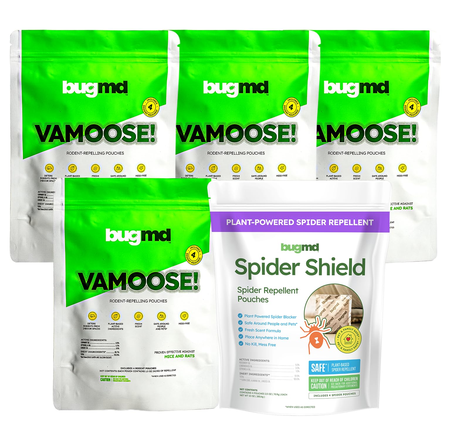 BugMD Vamoose Natural Rodent & Spider Repellent Bundle (4 Pack + 1 Pack) - 20 Total Pouches | Plant-Based Mouse, Rat & Spider Deterrent | Safe for Pets & Kids | Indoor/Outdoor Pest Control for Home, Garage, Basement & Garden Protection