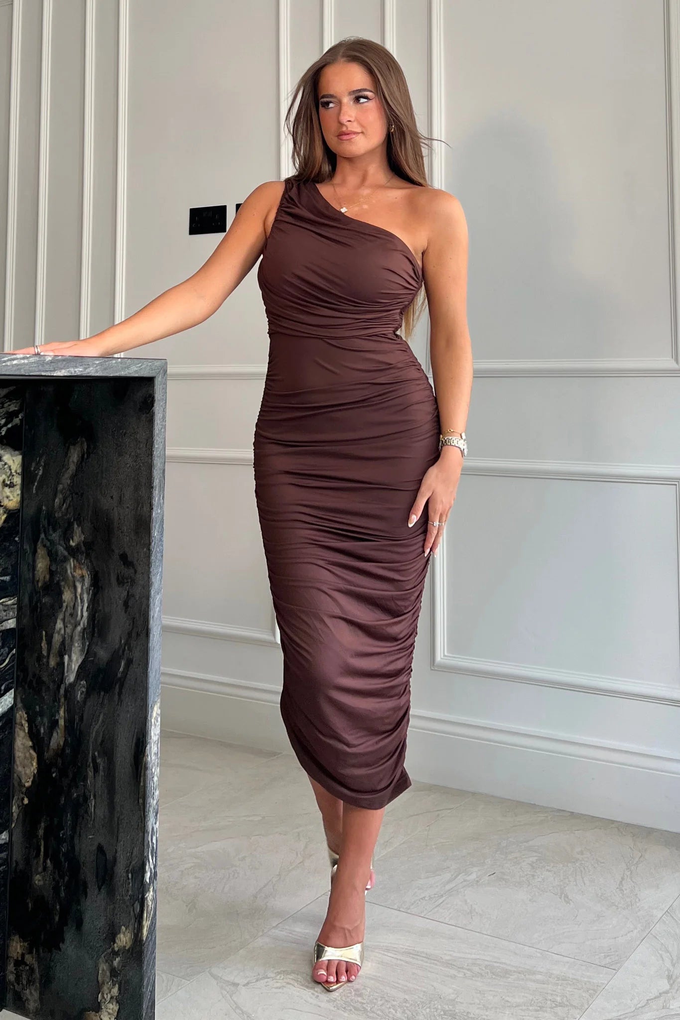 Monicia One Shoulder Ruched Midi Dress in Brown - Elegant Party & Evening Wear for Women