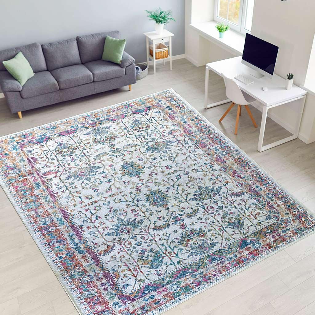 Softwoven 8x10 Machine Washable Cotton Rug - Non-Slip, Stain Resistant & Pet Friendly Vintage Area Rug for Living Room, Bedroom & Hallway - White Multi Floral Design (Home Decor, Family Gatherings, Cozy Spaces)