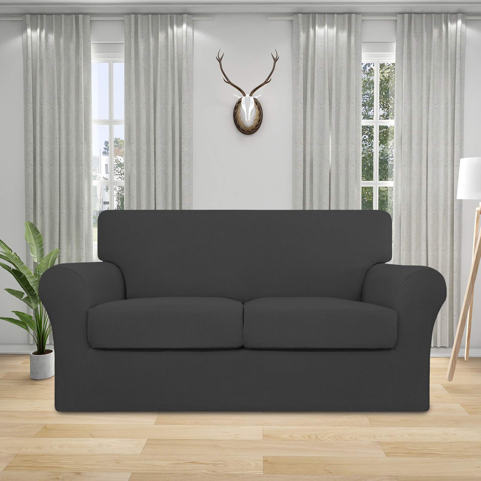 Stretch Loveseat Cover with 2 Cushion Covers - Washable Spandex Jacquard Fabric Elastic Sofa Protector for Pets & Kids - Medium Dark Gray - Perfect for Living Room, Family Room & Pet-Friendly Homes