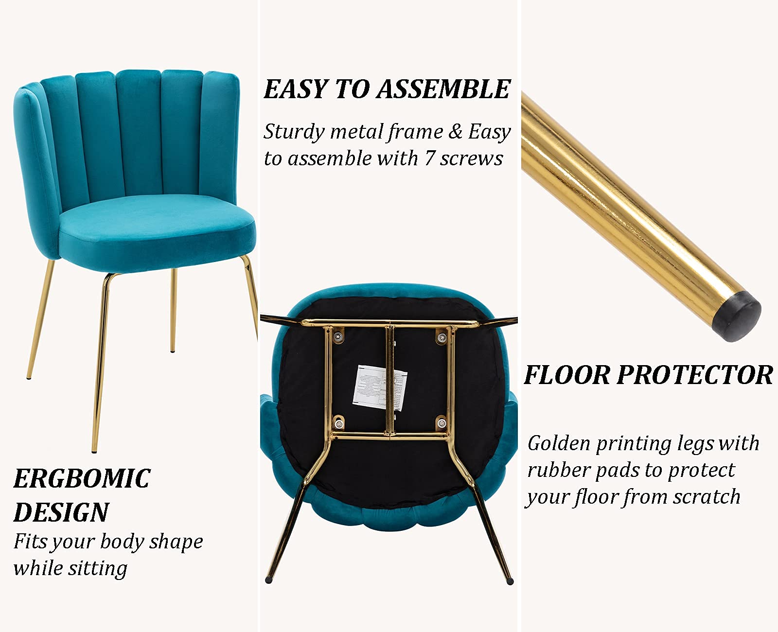Velvet Dining Chairs Set of 2 - Modern Upholstered Accent Chairs with Gold Metal Legs for Kitchen, Living Room & Dining Room - Lake Blue Velvet Side Chairs for Home Decor, Dinner Parties & Cozy Seating