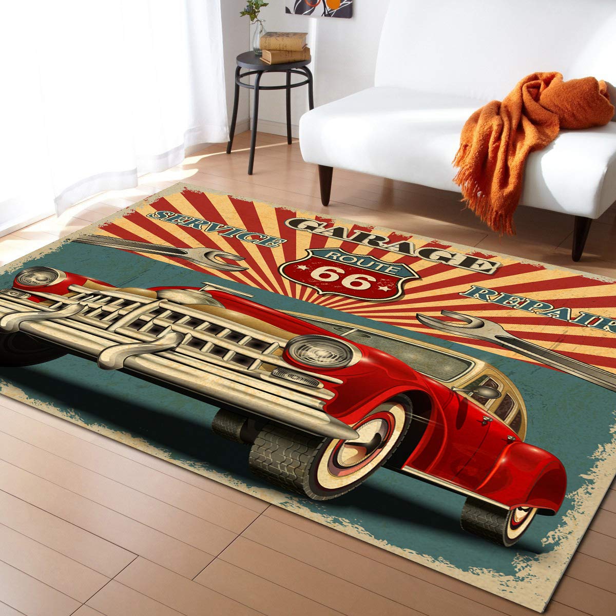 5'x7' Modern Low Profile Indoor Area Rugs - Contemporary Floor Carpet for Bedroom, Living Room & Kids Room | Durable Garage & Service Route 66 Repair Design | Perfect for Home Decor, Office Spaces & Cozy Family Gatherings
