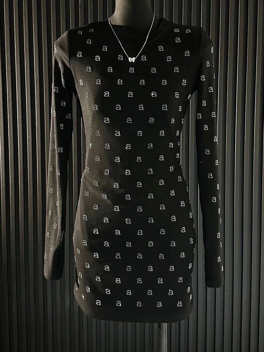 AW Wang Diamond Letter Slim Fit Stretch Black Long Sleeve Mini Dress for Women | Elegant Evening Party Cocktail Dress | Perfect for Night Out, Date Night & Special Occasions