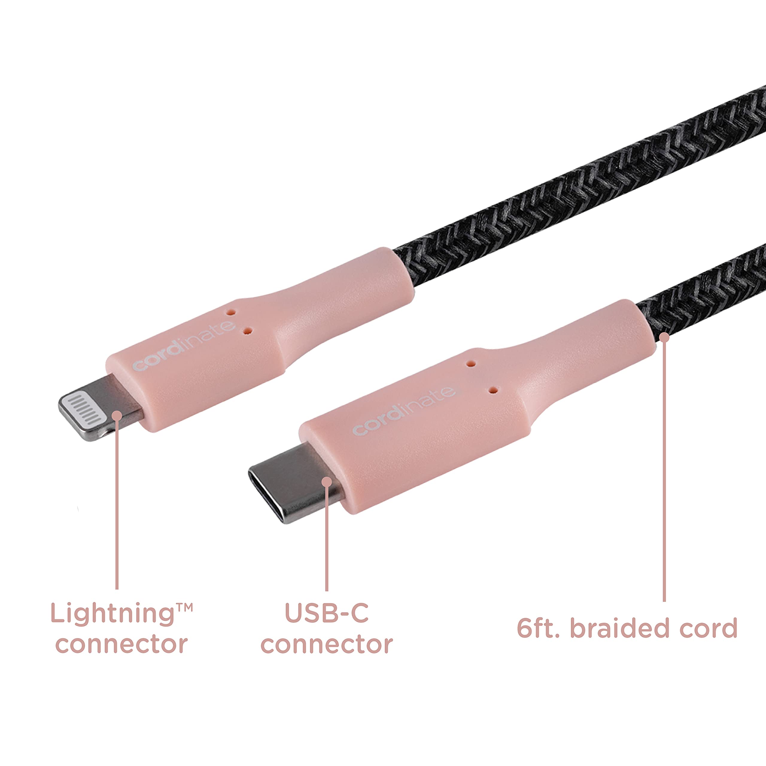 Premium 6Ft USB C to Lightning Cable - Fast Charging Braided Cord for iPhone 14/13/12 Series & AirPods Pro - Durable Blush/Charcoal iPhone Charger - Perfect for Home, Office & Travel Use