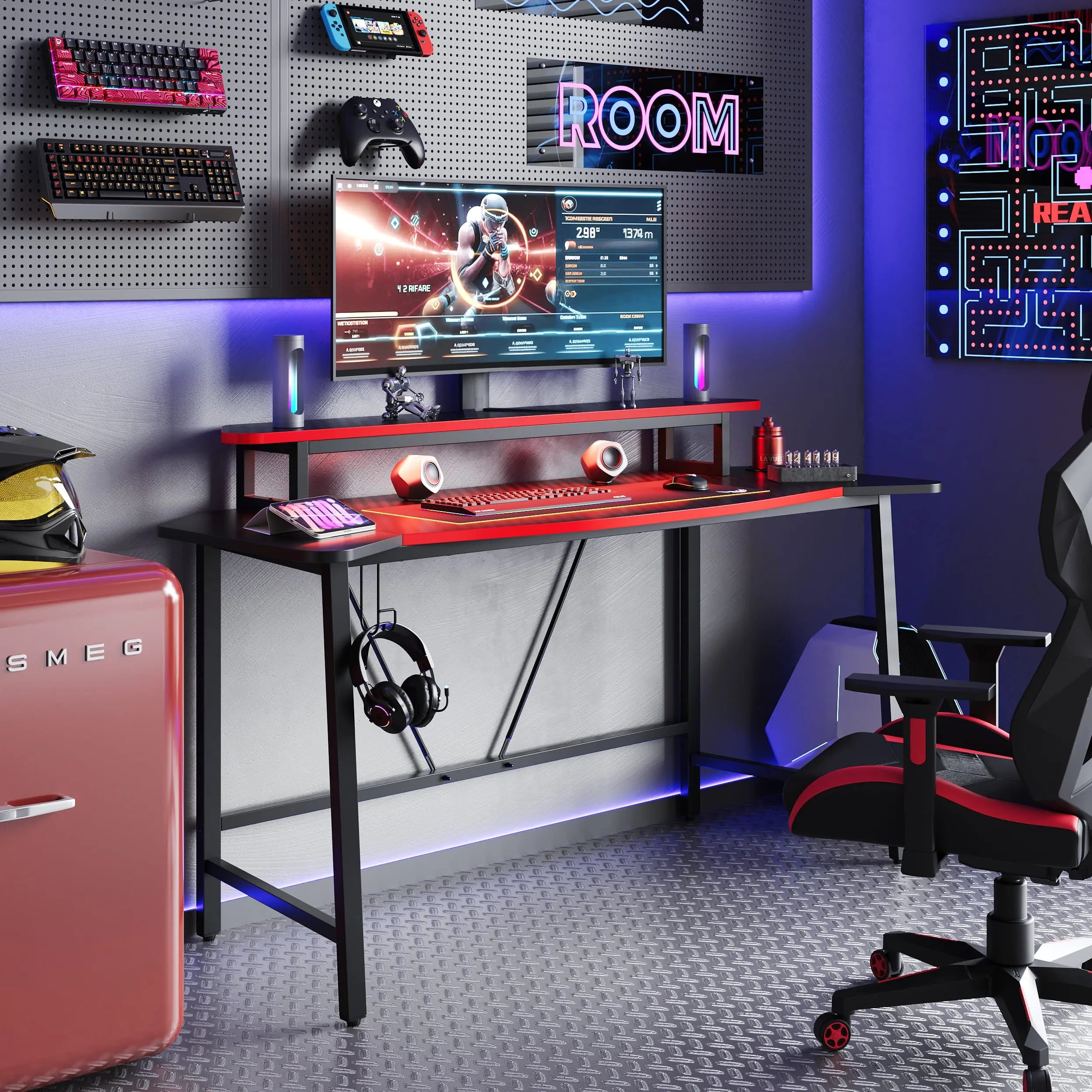 Bestier 63 Inch LED Gaming Desk with Monitor Stand & Headphone Hook - Ergonomic Computer Desk for PC Gaming Setup, Home Office & Streaming Station