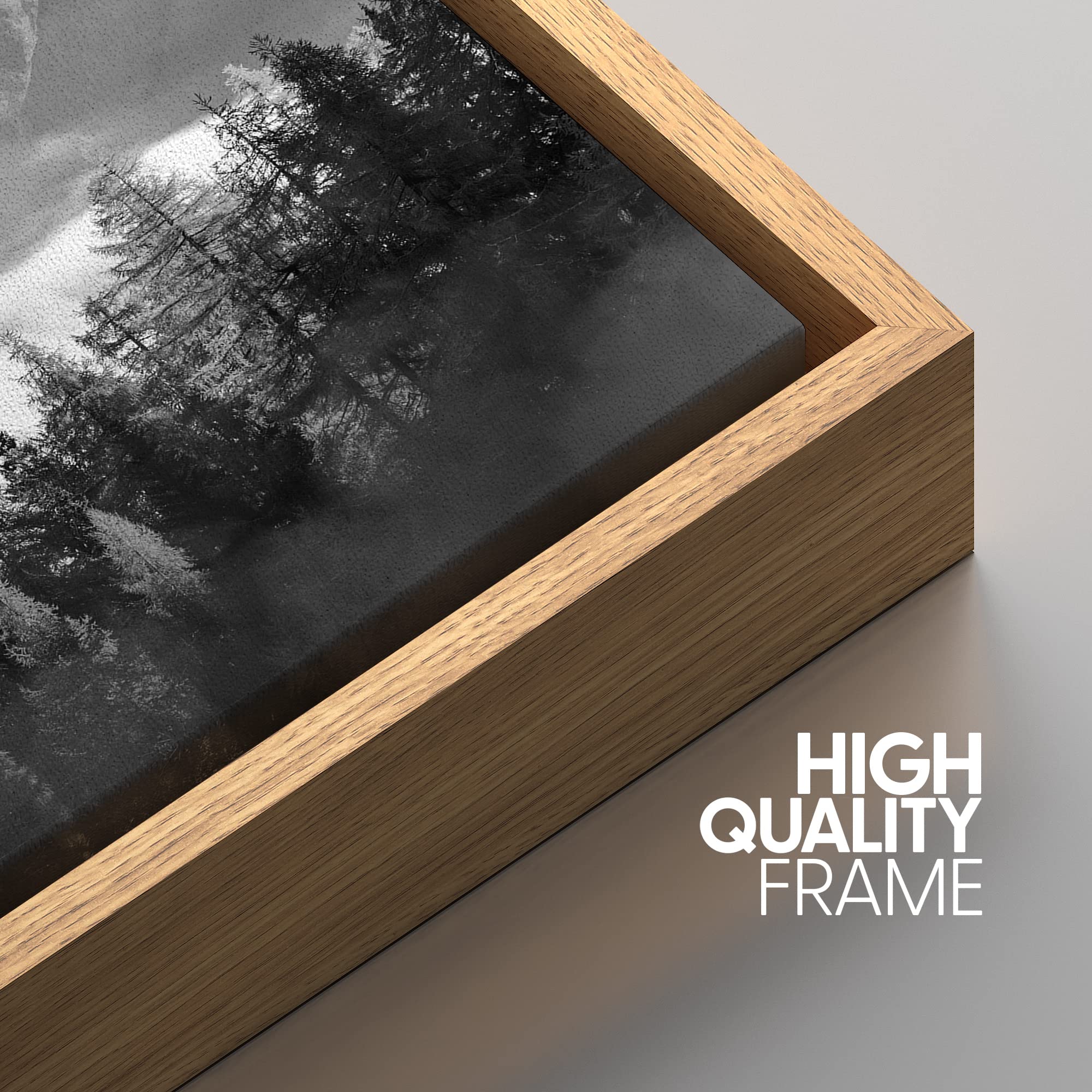 IDEA4WALL Framed Canvas Print - Black & White Mist Over Mountain Forest Valley Nature Art - Woodland Nursery Decor - Dramatic Cool Wilderness Wall Art for Living Room, Bedroom, Office - 24