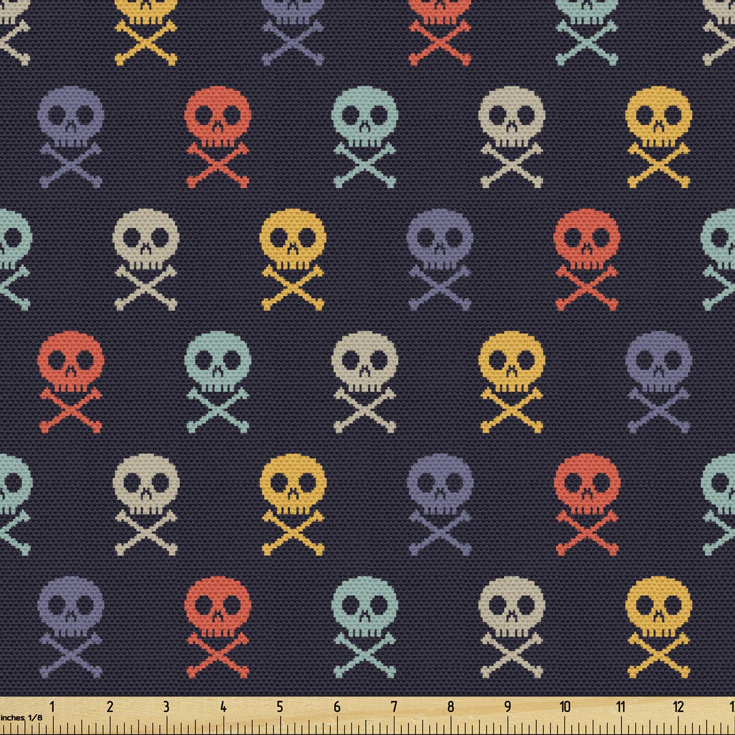 Ambesonne Pixel Art Fabric by The Yard - Skull & Bones Pirate Design on Dark Background, Decorative Upholstery & Home Accent Fabric, 10 Yards, Vermilion Blue - Perfect for DIY Projects, Costumes, and Halloween Decorations