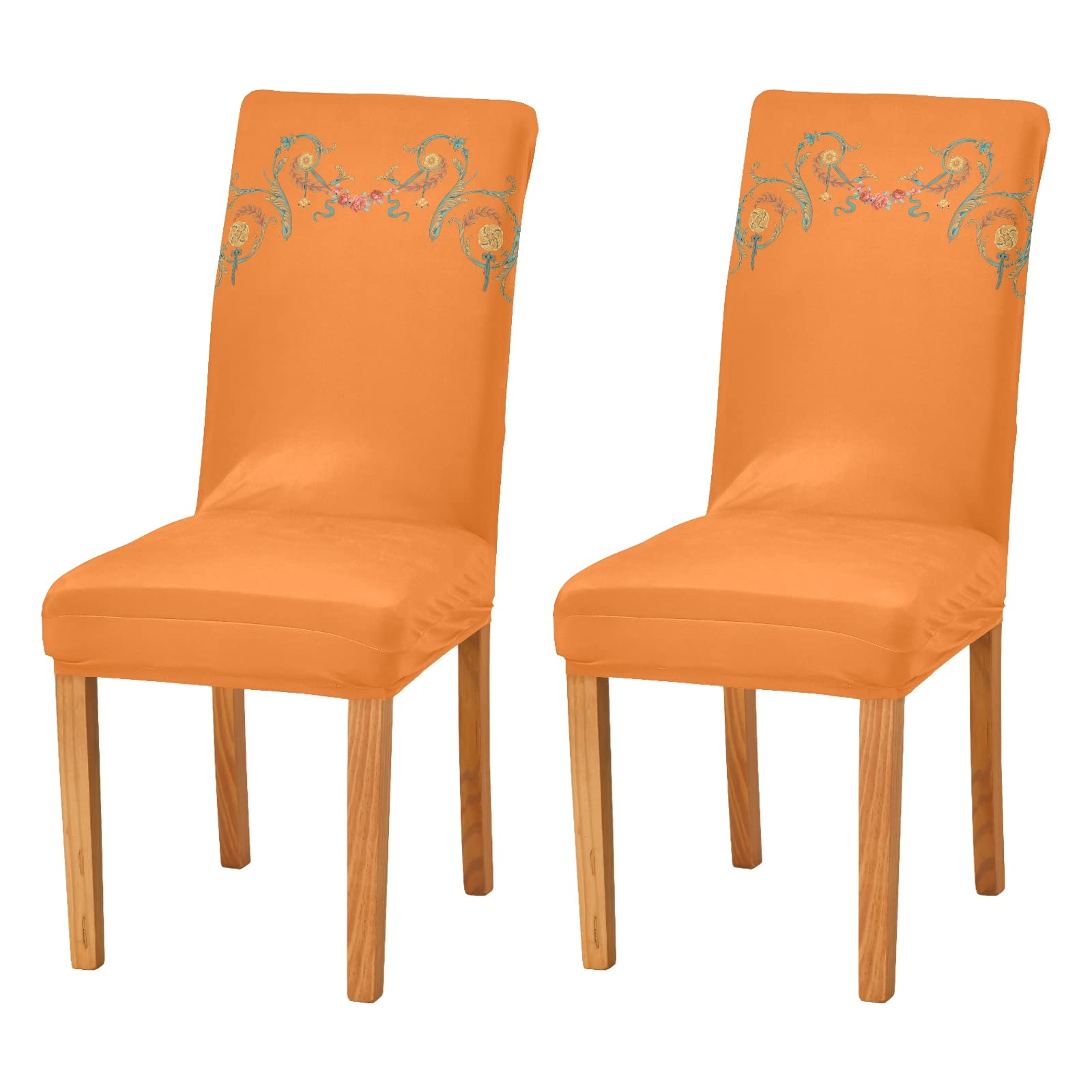 Elegant Rococo Style Stretch Parsons Chair Slipcovers - Washable Dining Room Chair Covers Set (Orange) for Formal Dinners, Weddings & Home Decor