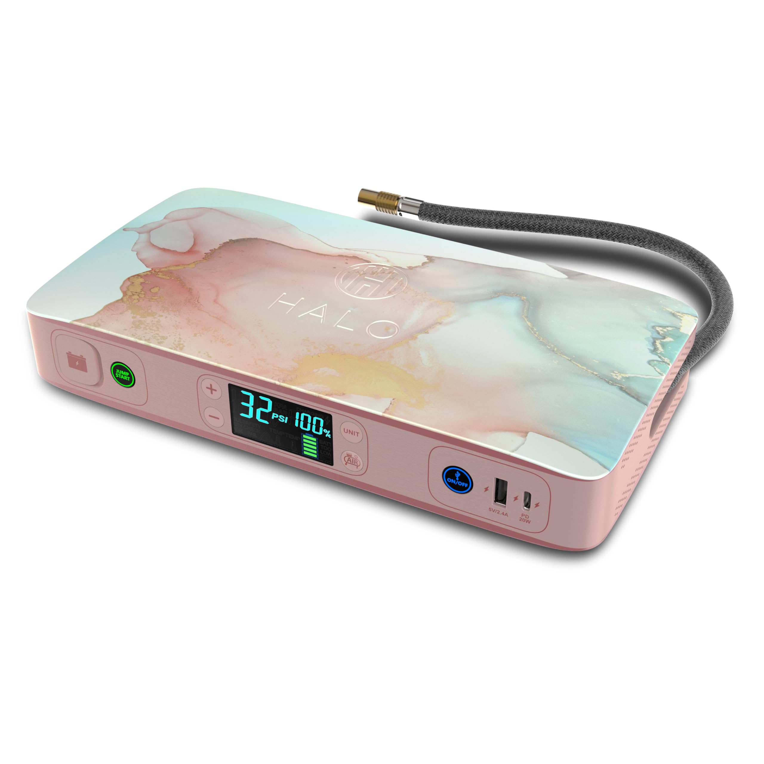 HALO Bolt Ultimate 2.0 Portable Car Jump Starter with Built-in Air Compressor, 58800mAh Power Bank, LED Floodlight & Digital Display - Emergency Battery Booster for Cars, Trucks, SUVs (Rose Gold) - Perfect for Road Trips, Camping & Power Outages