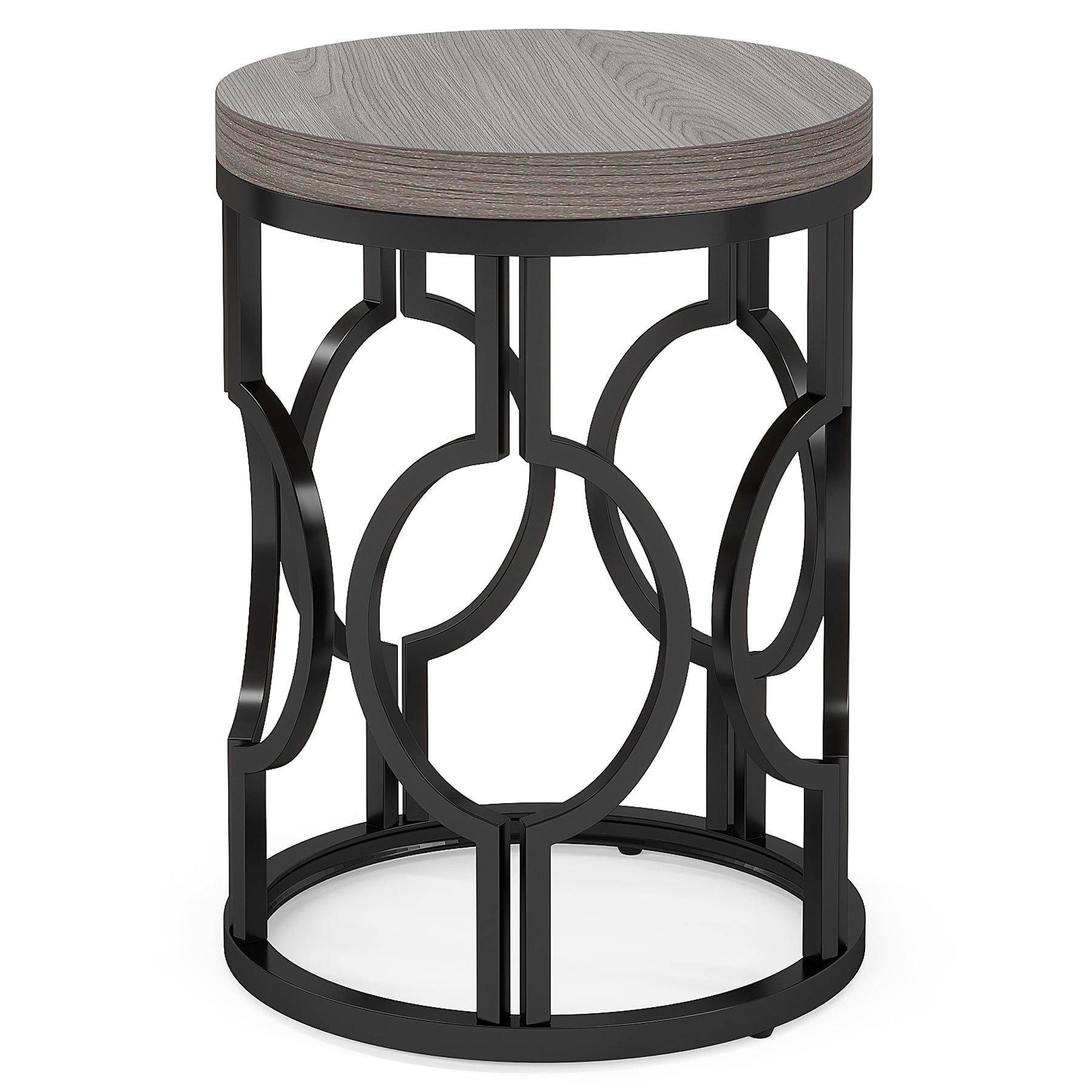 Industrial Round End Table with Metal Hollow Frame - Sturdy Side Table for Living Room, Bedroom, or Office Decor