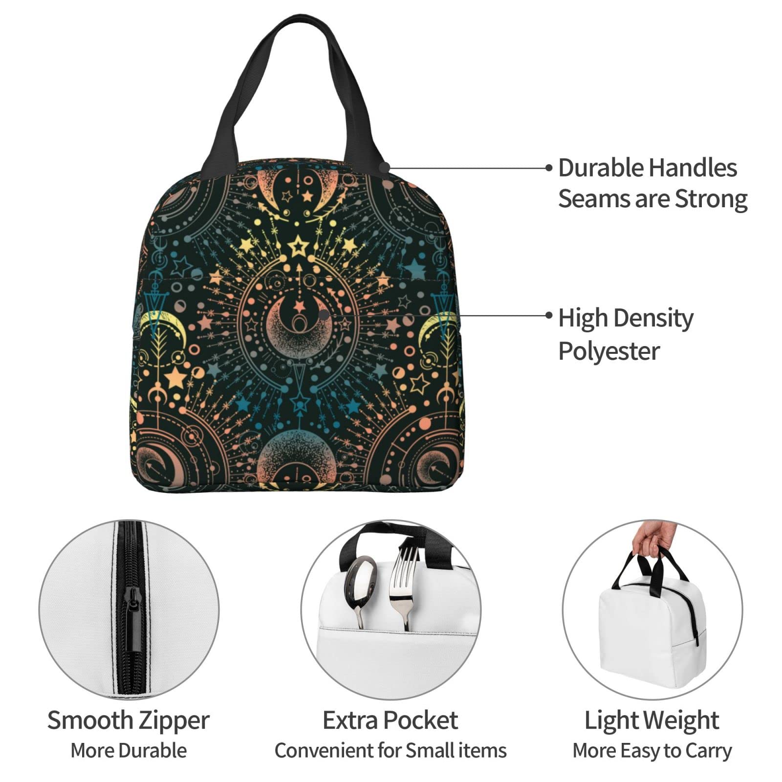 Insulated Waterproof Lunch Bag - Reusable & Portable Lunch Box for Women, Men, Girls & Boys | Astrology Moon Star Design | Perfect for School, Office, Picnics & Outdoor Activities