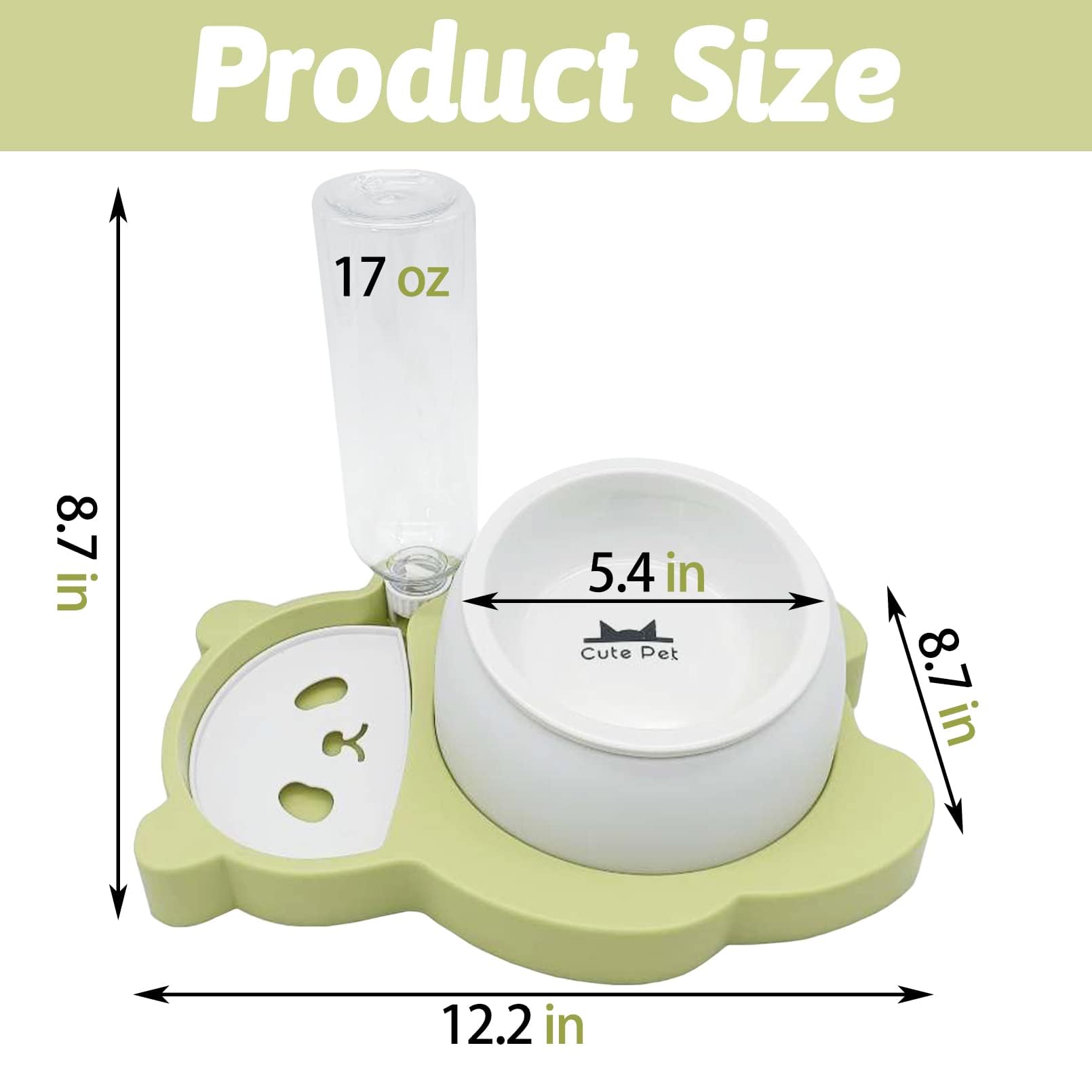 Kathson Elevated Double Dog & Cat Bowl Set - Tilted Raised Ceramic Pet Food & Water Dishes with No-Spill Automatic Water Dispenser - 5-in-1 Function for Cats & Small Dogs (Green) - Perfect for Home, Kitchen & Pet Feeding Stations