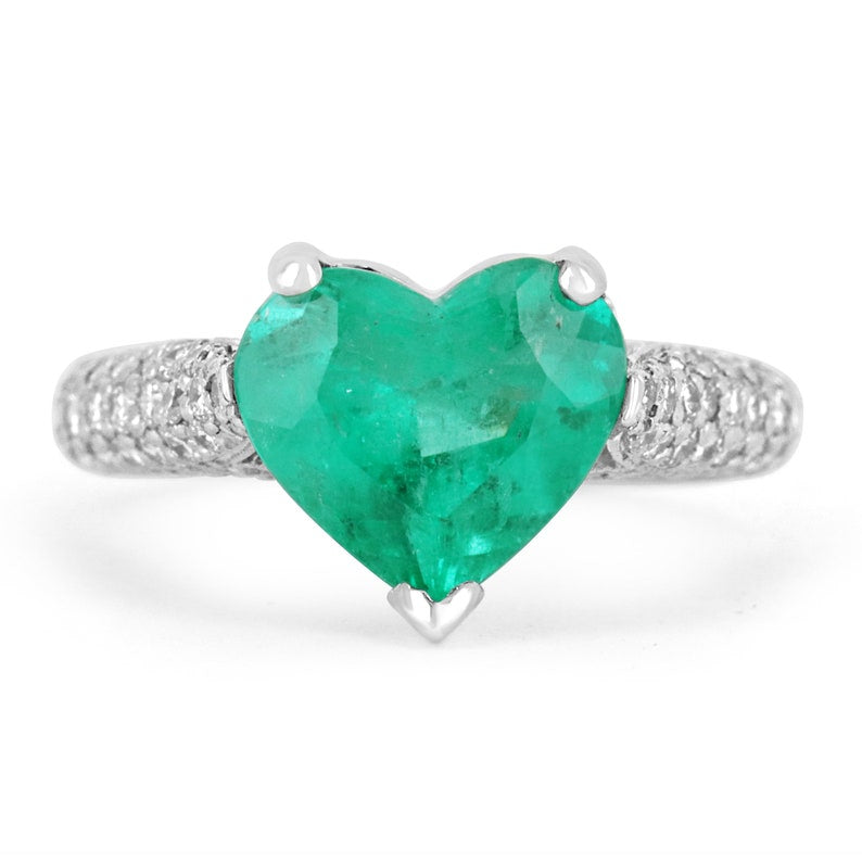 3.04 Carat Total Weight (CTW) Colombian Emerald and Diamond Platinum Heart Ring for Women - Elegant Jewelry Gift for Valentine's Day, Anniversary or Proposal