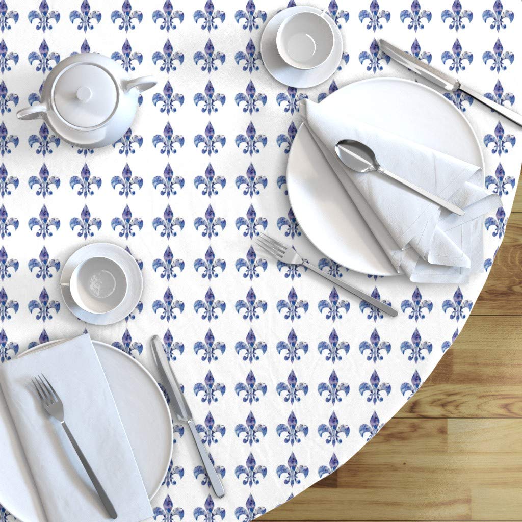 Custom Fleur Lis Purple French Floral Blue Hydrangea Geometric Print Cotton Sateen Tablecloth - 90