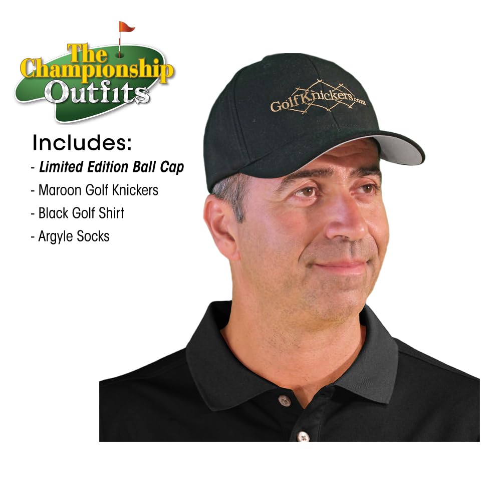Men's Stylish Outfit Set - Maroon Microfiber Black Golf Shirt, Limited Edition Ball Cap & Over-The-Calf Argyle Socks | Perfect for Golf, Casual Wear & Outdoor Activities