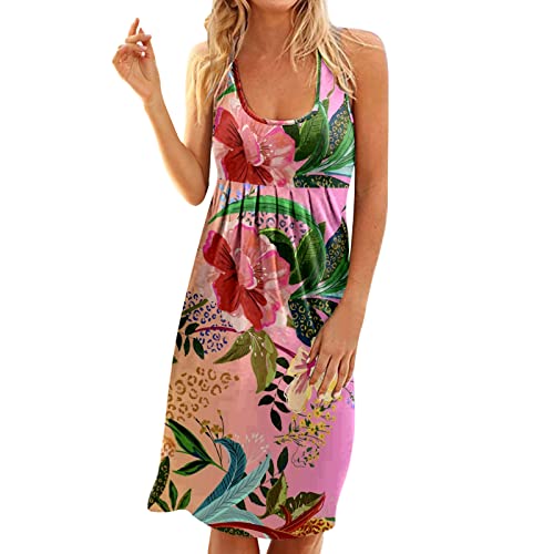 Women's Floral Print Swing Sundress - Sleeveless Round Neck Casual Summer Dress for Beach, Vacation & Outdoor Activities (Pink, XXL)