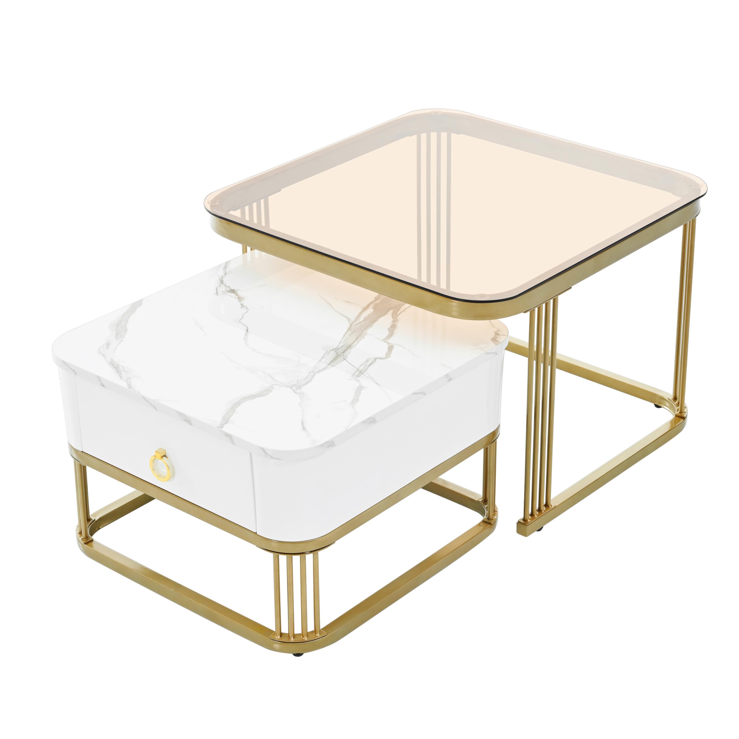Modern Nesting Coffee Table Set with Drawer - Square Stacking Design with Tempered Glass & High Gloss Faux Marble Top - Sturdy Metal Frame Living Room Furniture - White - Perfect for Small Spaces, Apartments and Contemporary Home Decor