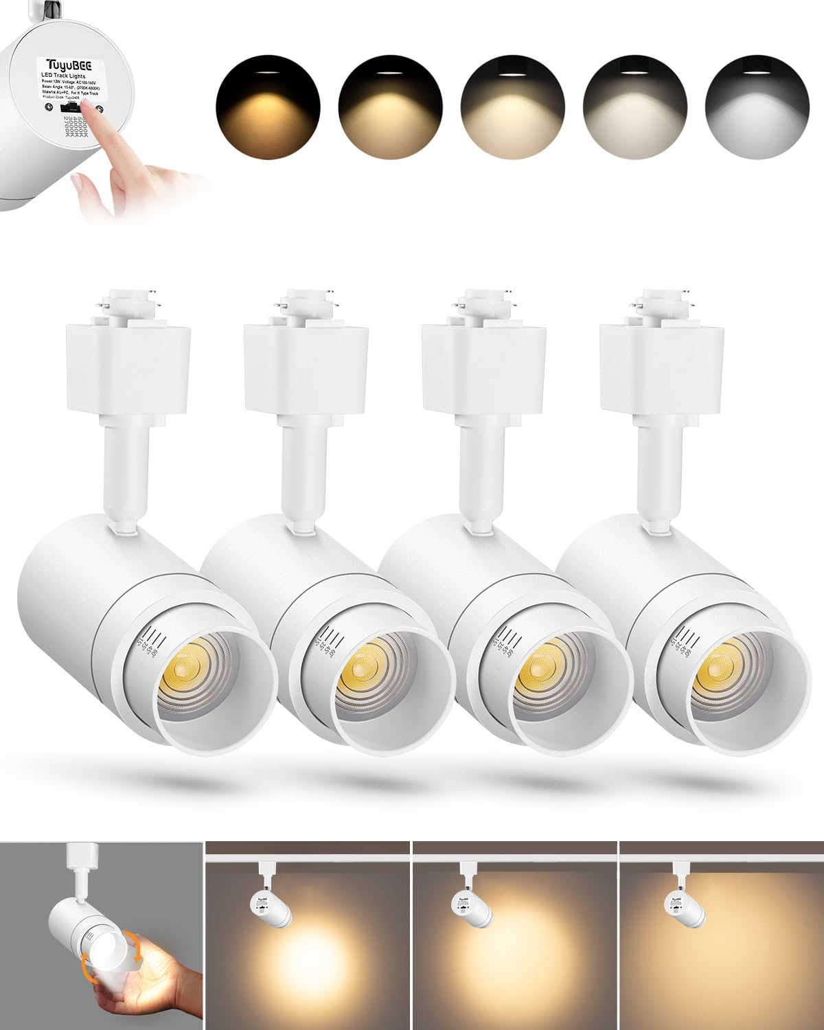 5-Color Dimmable LED Track Lighting Heads - 12W H Type Spot Light Fixtures for Ceiling, 4 Pack (White, CRI90) - Perfect for Home, Office, and Retail Display Lighting