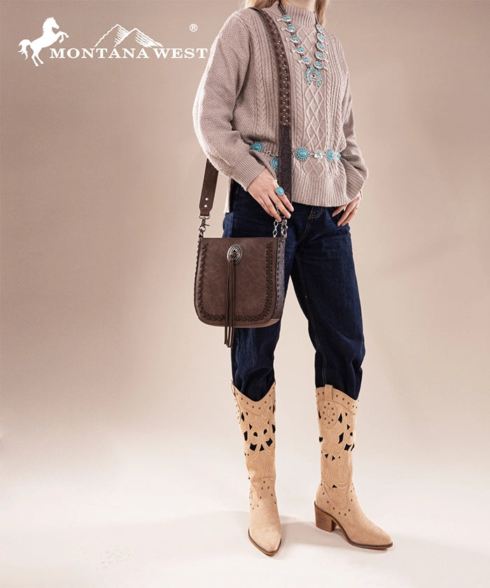 Montana West Genuine Leather Tooled Whipstitch Crossbody Purse for Women - Stylish Handbag for Everyday Use, Travel & Shopping