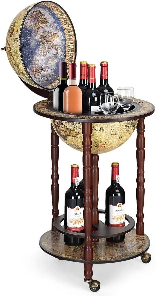 Byroce Globe Bar Cart - Wooden Wine Bar Cabinet with Wheels & Liquor Bottle Shelf - Italian Style Rolling Liquor Cabinet for Home Bar, Dining Room & Living Room - Cream White - Perfect for Cocktail Parties, Wine Tasting & Home Entertaining
