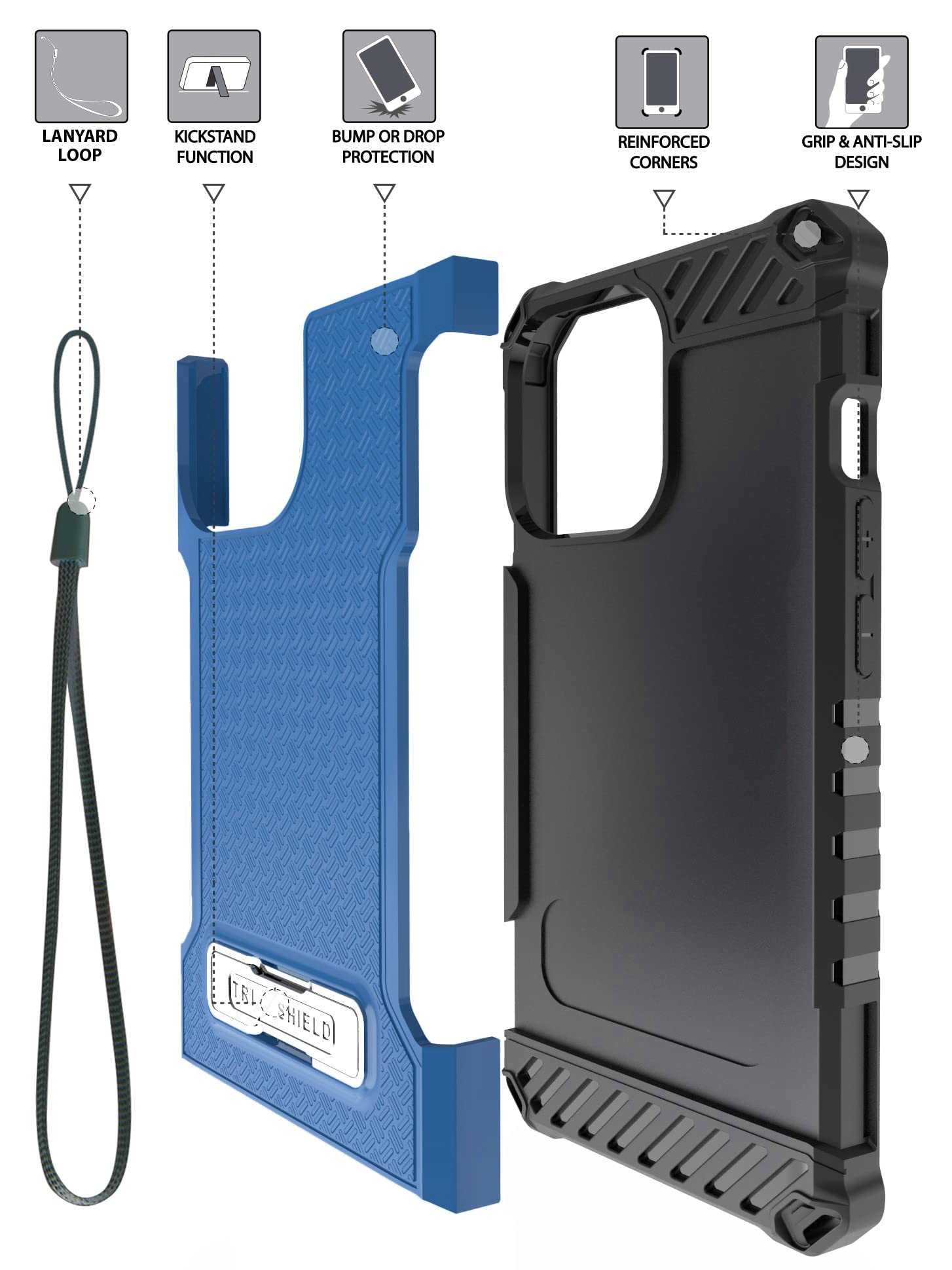 Military Grade Tri-Shield iPhone 13 Pro Max Case with Metal Kickstand - Shockproof Rugged Cover, Includes Wrist Strap Lanyard & Belt Clip Holster (Blue) - Perfect for Outdoor Adventures, Construction Work & Extreme Sports Protection