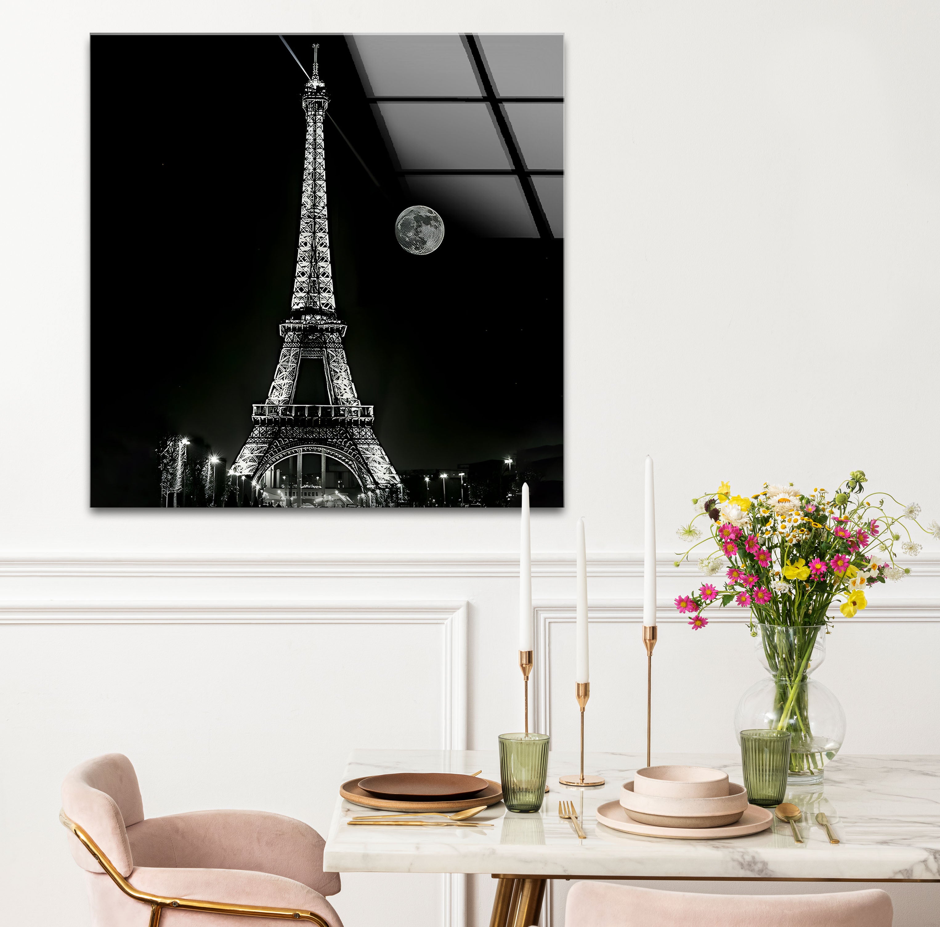 Elegant Black and White Eiffel Tower Glass Wall Art - Parisian Home Decor for Living Room, Bedroom & Office