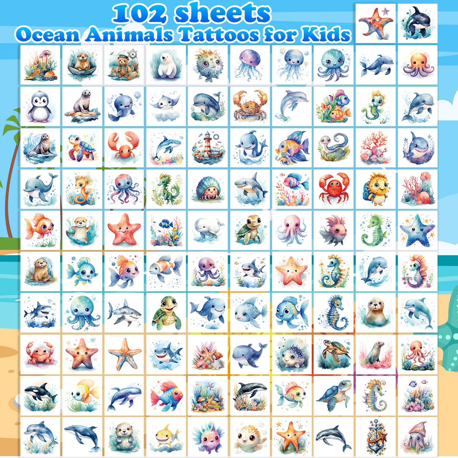 102-Piece Individually Wrapped Ocean Animal Temporary Tattoos for Kids - Cute Sea Creature Stickers for Boys & Girls, Arm & Shoulder Tattoo Set, Perfect for Birthday Parties, Summer Camp, Beach Themes & Kids Gifts