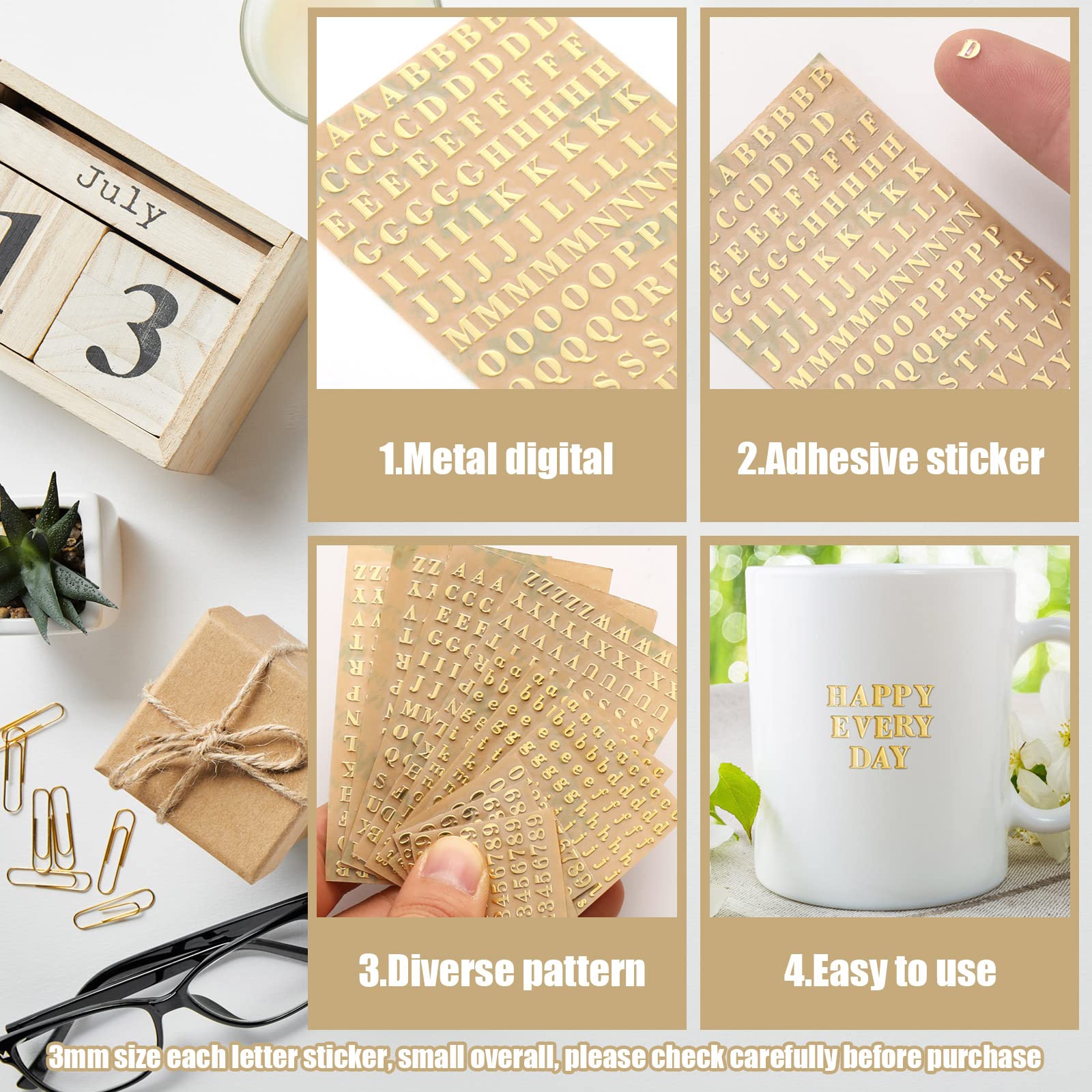 Marspark 18 Sheets Small Letter Stickers - 3mm Gold Alphabet & Number Stickers | Modern Metallic Waterproof Decorative Decals for Scrapbooking, DIY Crafts, Laptop Decoration, Backpack Customization, Furniture Design & Phone Accessories - Perfect for Journals, Planners, Gift Wrapping & Home Decor