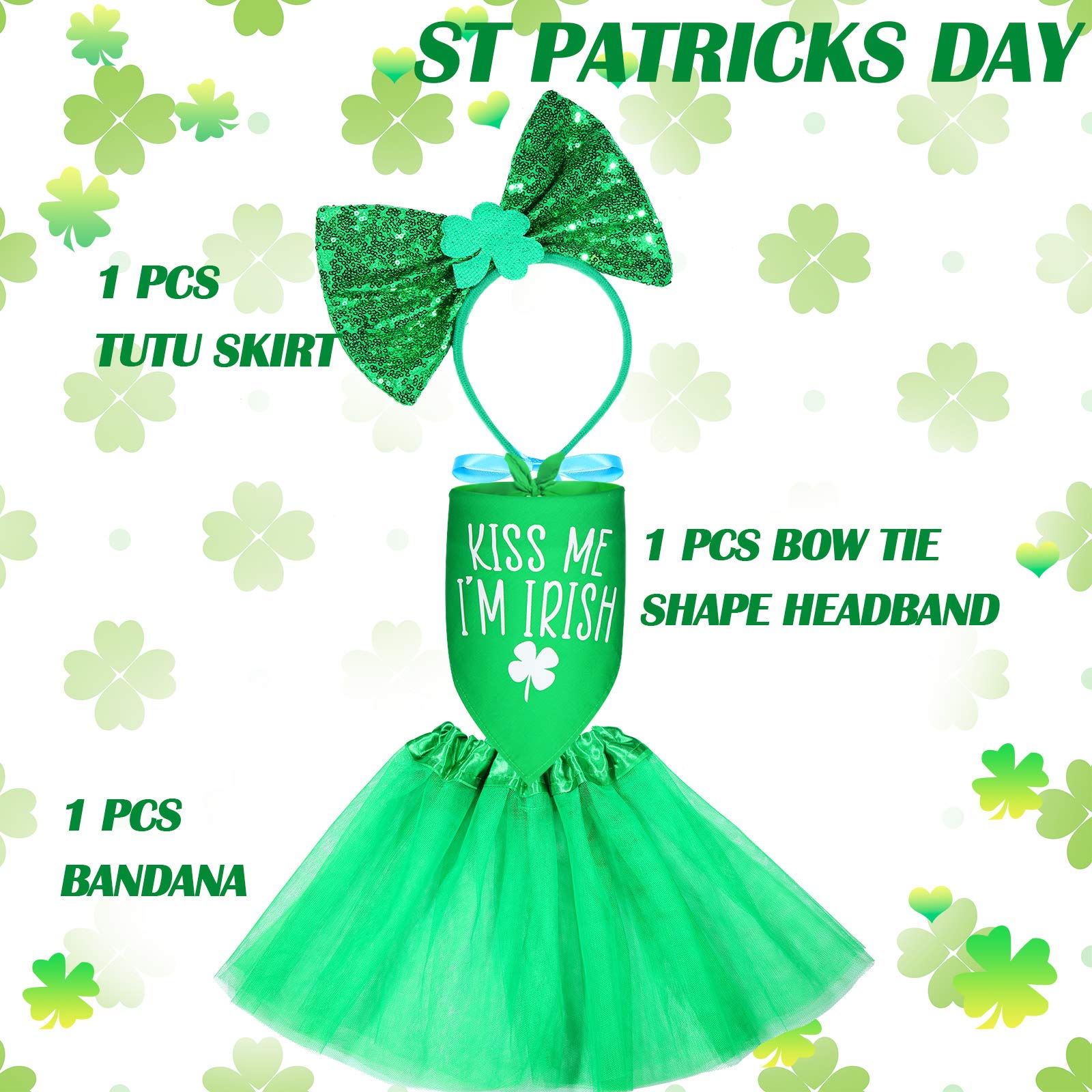 St. Patrick's Day Dog Costume Set - 3 Piece Irish Shamrock Dog Bandana, Green Tutu & Bowtie Headband for Small to Large Dogs | Perfect for St. Paddy's Day Parades, Pet Parties & Festive Photo Shoots
