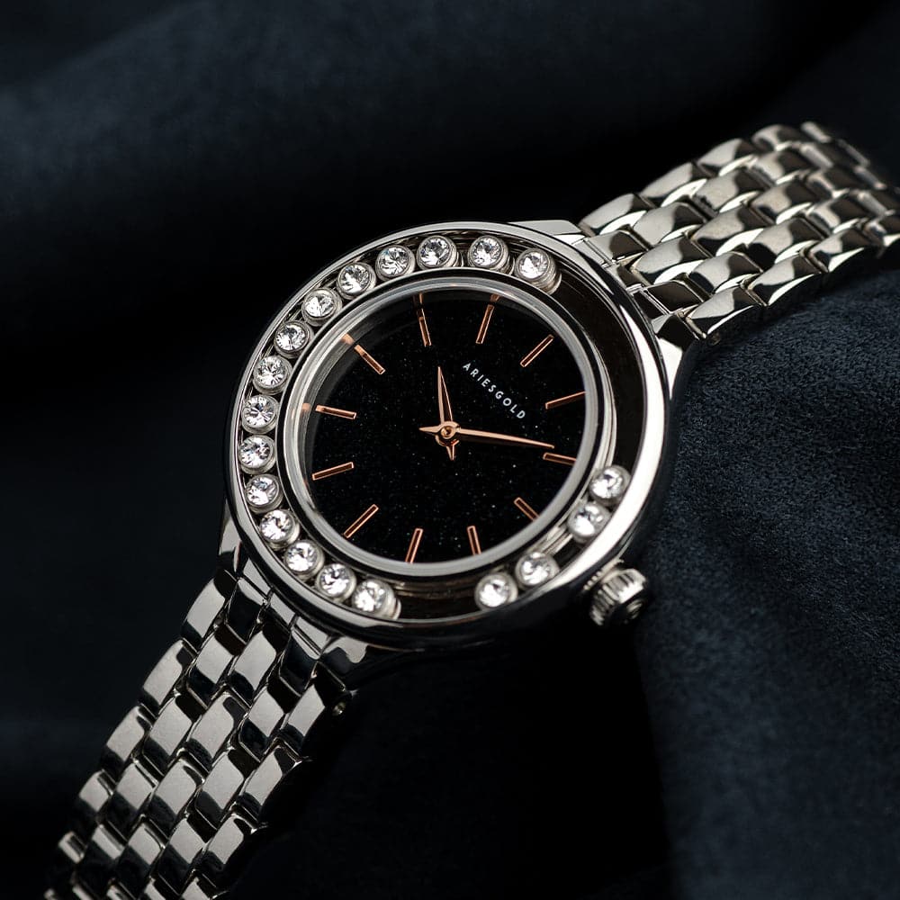 Aries Gold Serenity Black Dial Silver Stainless Steel Women's Watch L 5041 S BKST - Elegant Dress Watch for Business, Party & Special Occasions