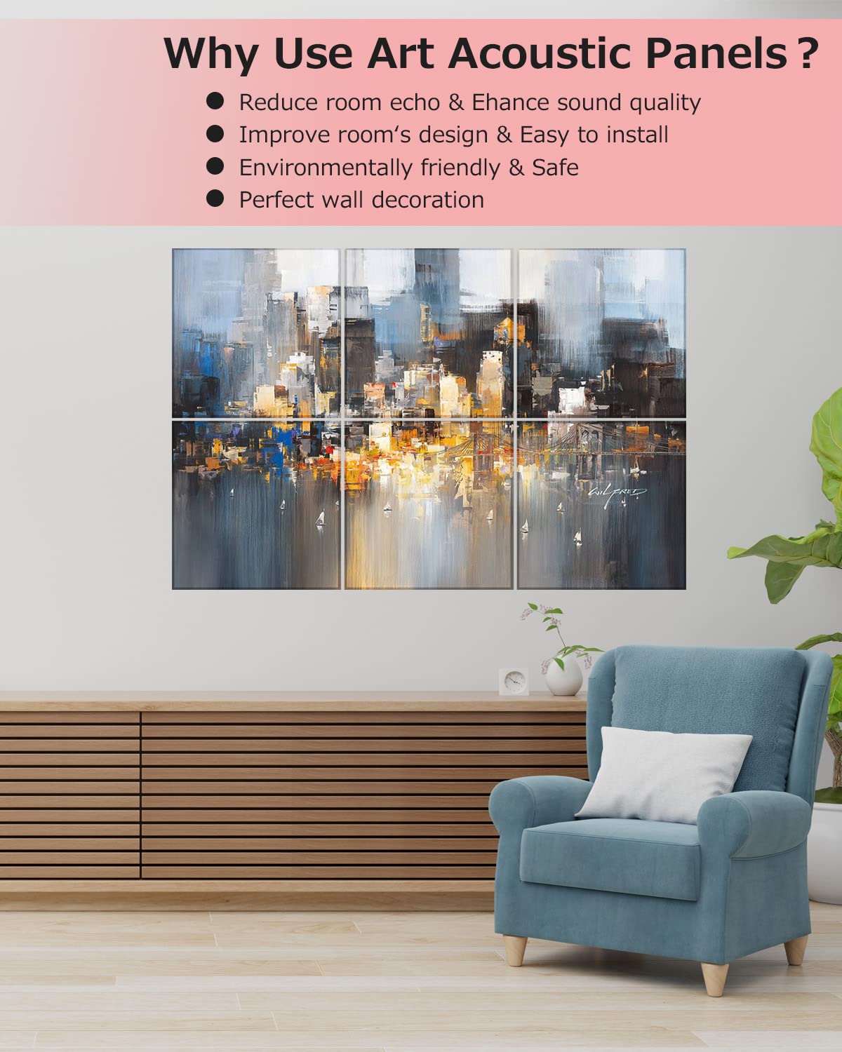 Professional Art Acoustic Panels 72x48x0.4 Inch - Premium Sound Absorbing Wall Panels for Recording Studio & Home Theater - Better Noise Reduction Than Soundproof Foam - Self-Adhesive Acoustic Treatment Panels with Abstract City Design - Perfect for Music Studios, Podcast Rooms & Home Offices
