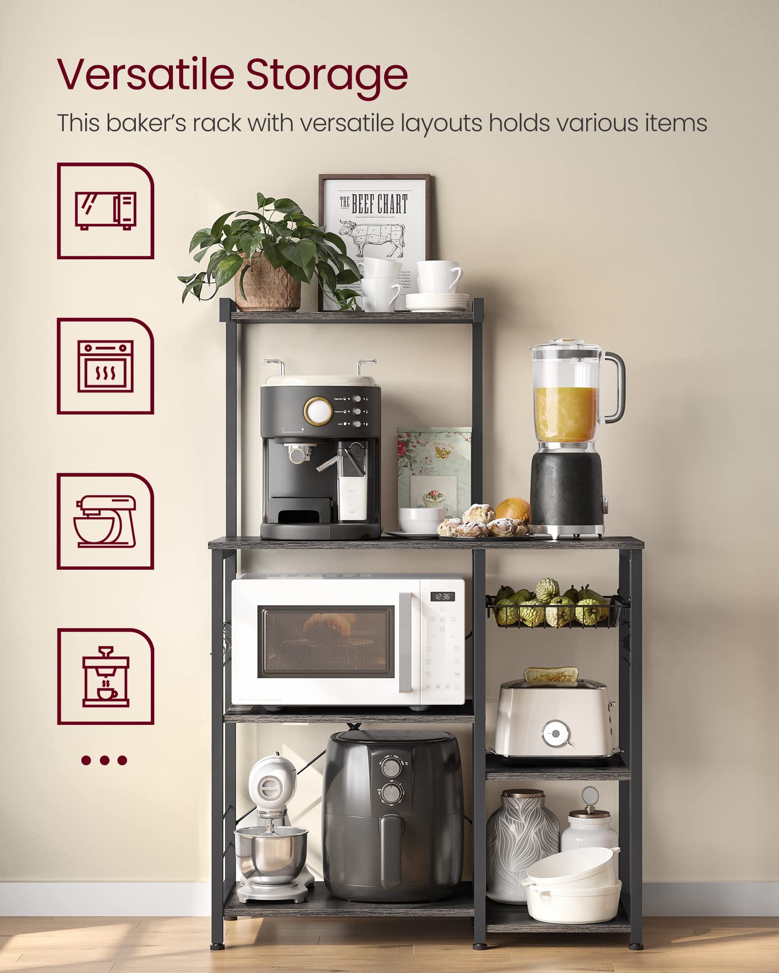 VASAGLE Kitchen Storage Rack with Shelves & Wire Basket - Microwave Stand, Baker's Rack with 6 Hooks for Spices, Pots & Pans - Charcoal Gray & Black UKKS035B04 - Perfect for Small Kitchens, Pantry Organization & Countertop Storage
