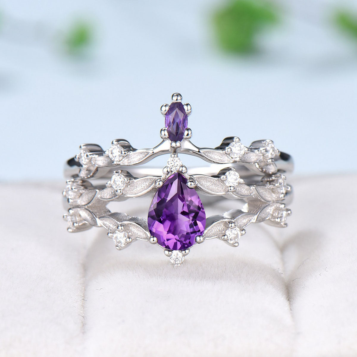 Vintage Pear Shaped Amethyst Engagement Ring Set - Art Deco Branch Wedding Band for Women, Unique Purple Gemstone Promise Ring for Bride | Perfect for Vintage Weddings, Anniversary Gifts & Romantic Proposals