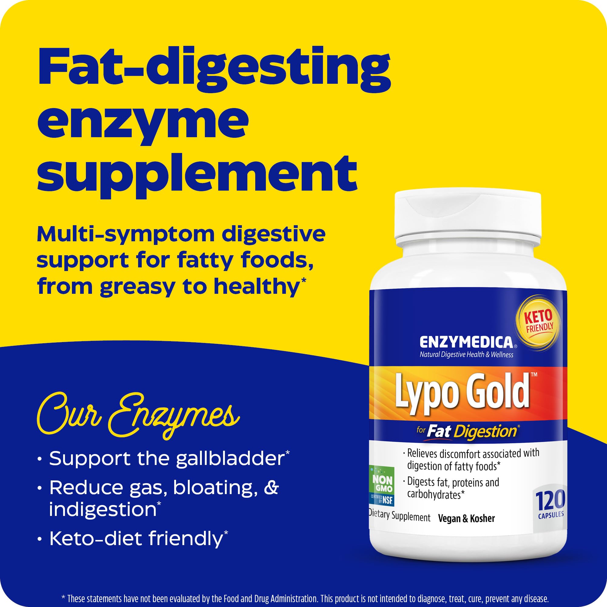 Enzymedica Lypo Gold Digestive Enzyme Supplement - 120 Capsules for Optimal Fat Digestion & Nutrient Absorption | Supports Bloating Relief & Gut Health | Ideal for High-Fat Meals & Digestive Comfort
