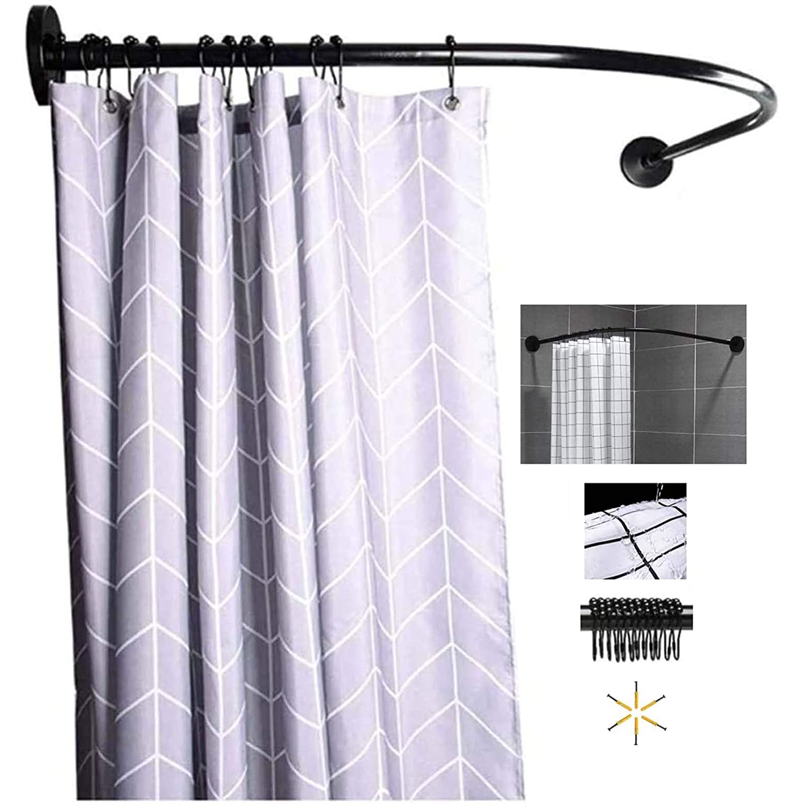 Adjustable Curved L-Shaped Shower Curtain Rod - No Drill Stainless Steel Extendable Bathroom Rail Pole - Sturdy & Easy Installation for Shower, Bathtub, and Small Spaces