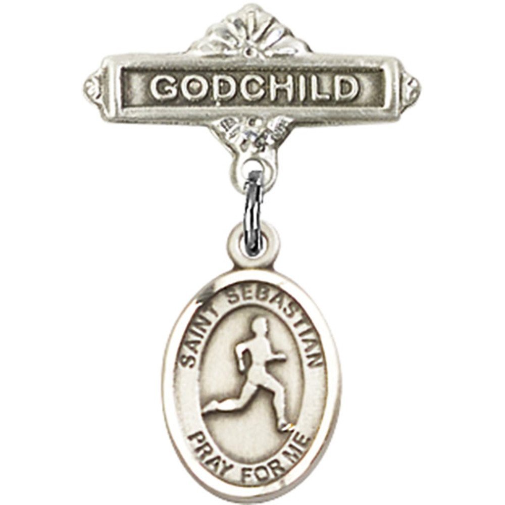 Sterling Silver Baby Badge with St. Sebastian Charm - Track & Field Godchild Pin (1