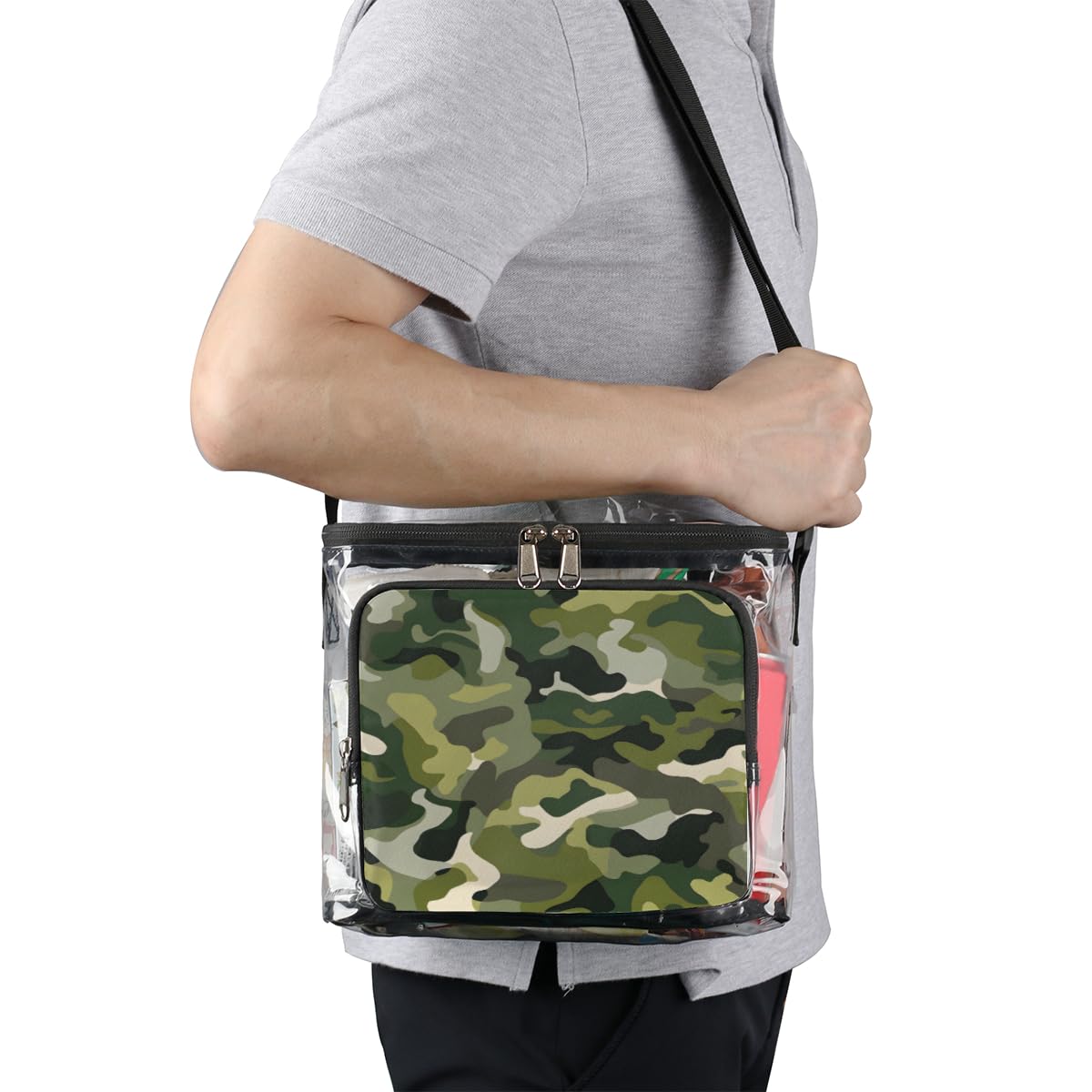GzLeyigou Military Camouflage Clear Tote Bag with Handles - Fashion Camo Green Transparent Crossbody Shoulder Bag for Lunch, Outdoor, Travel, Picnic, Concerts & Sports Events | Stadium Approved Multipurpose Carry-On | Perfect for School, Beach, Shopping and Festival Use