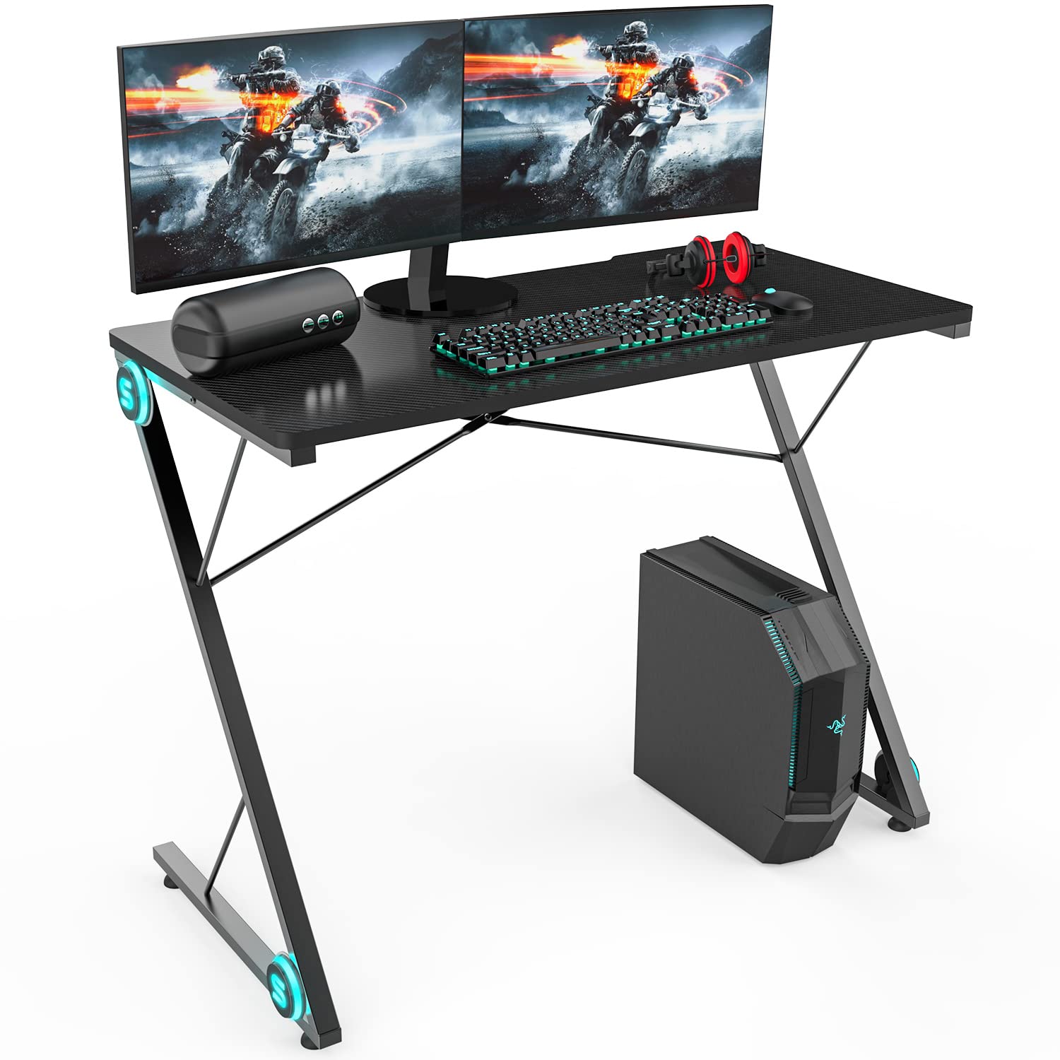 Z-Shaped Gaming Desk with LED Lights - Ergonomic Computer Desk for PC Gaming & Home Office Work - Space-Saving Black Gaming Table for Small Rooms | Perfect for Streamers & Gamers