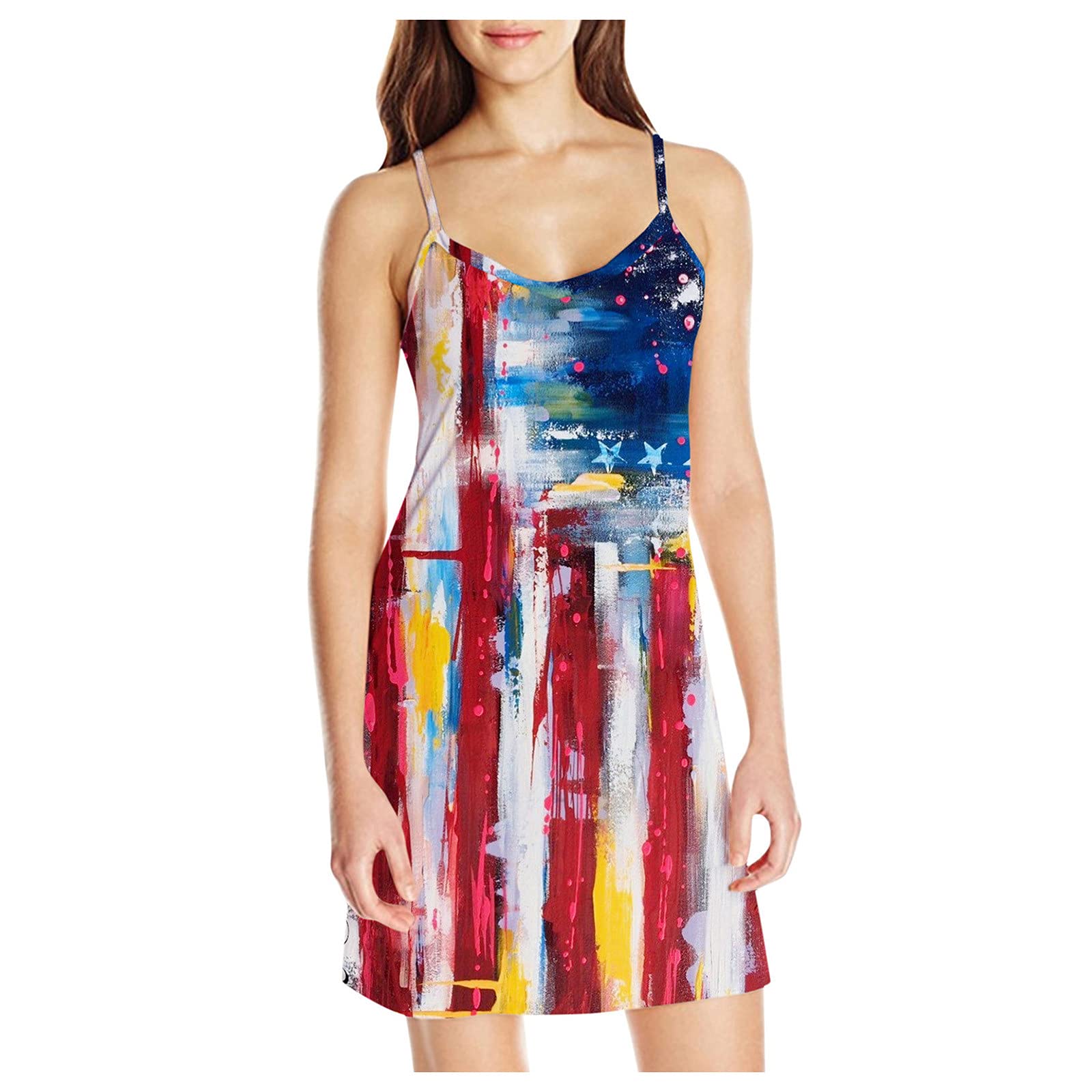 Women's Patriotic Summer Sleeveless Mini Dress - American Flag Floral Tank Sundress with Pockets | Perfect for 4th of July, Memorial Day & Summer BBQs