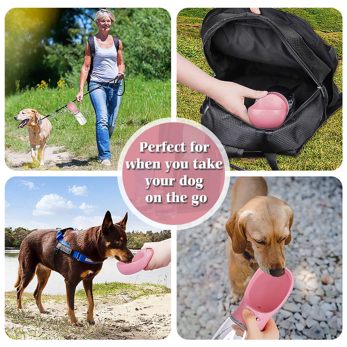 Portable Dog Water Bottle with Bowl - 12oz Lightweight Travel Water Dispenser for Dogs, Puppy Essentials for Outdoor Walking, Hiking & Camping | Pet Accessories (Pink) - Perfect for Park Visits, Beach Trips & Daily Walks