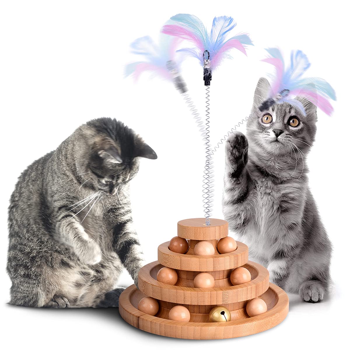 Interactive Cat Toys Ball Track with Feather Wand & Bells - Fun Exercise for Kittens to Senior Cats - 6 Kicker Balls, 1 Bell Bead, 3 Teaser Springs - Indoor Play & Anxiety Relief for Bored or Stressed Cats - Perfect for Solo Play or Bonding Time