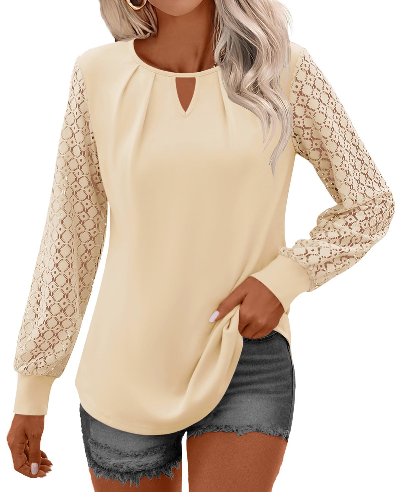 Micoson Women's Pleated Long Sleeve Blouse - Business Casual Crewneck Keyhole Shirt for Fall & Winter Outfits | Office Wear, Date Night & Holiday Party Attire