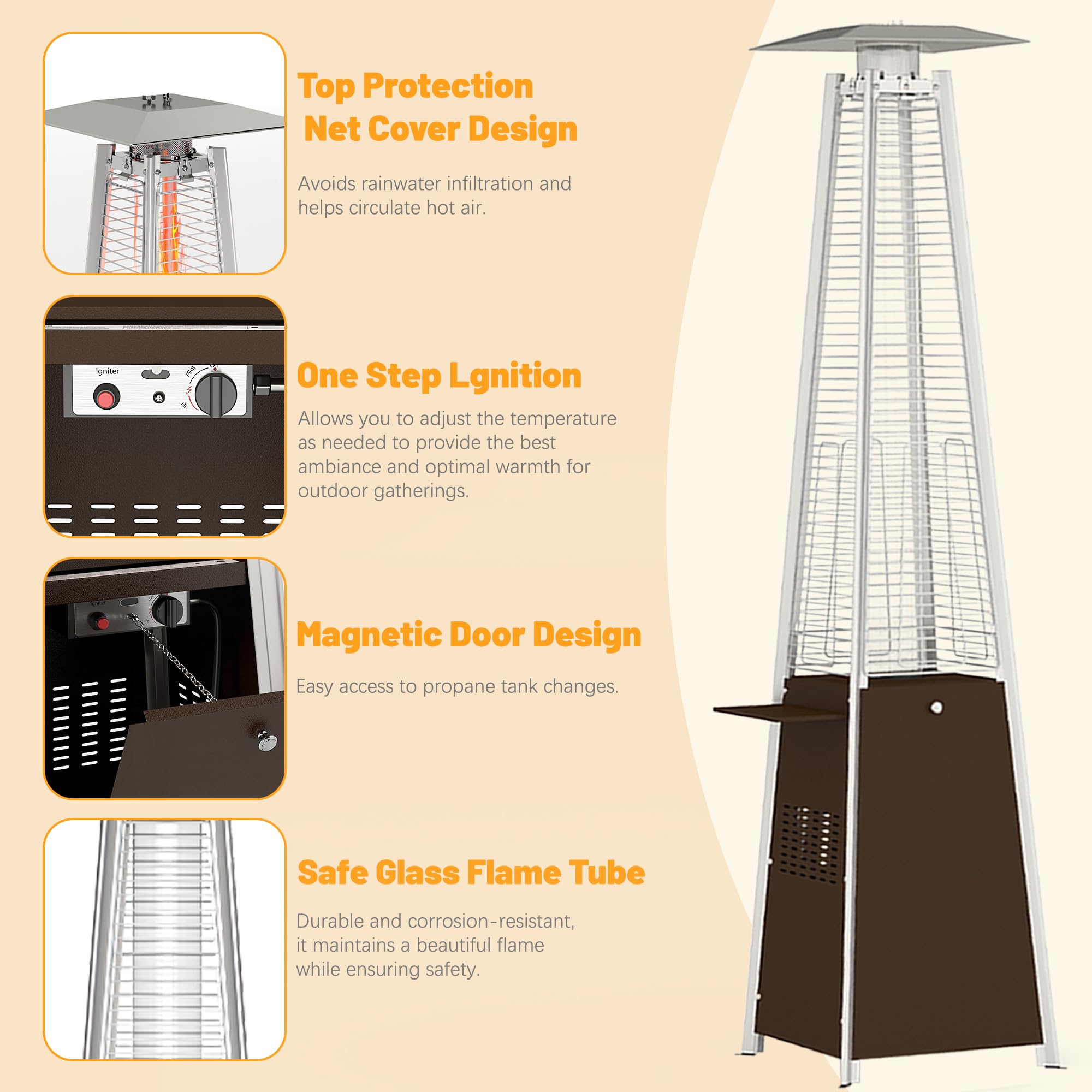 FOOWIN 48,000 BTU Outdoor Propane Patio Heater with Detachable Table, Wheels & Waterproof Cover - Hammered Bronze Quartz Glass Tube Heater for Backyard, Deck, Restaurant & Garden Parties