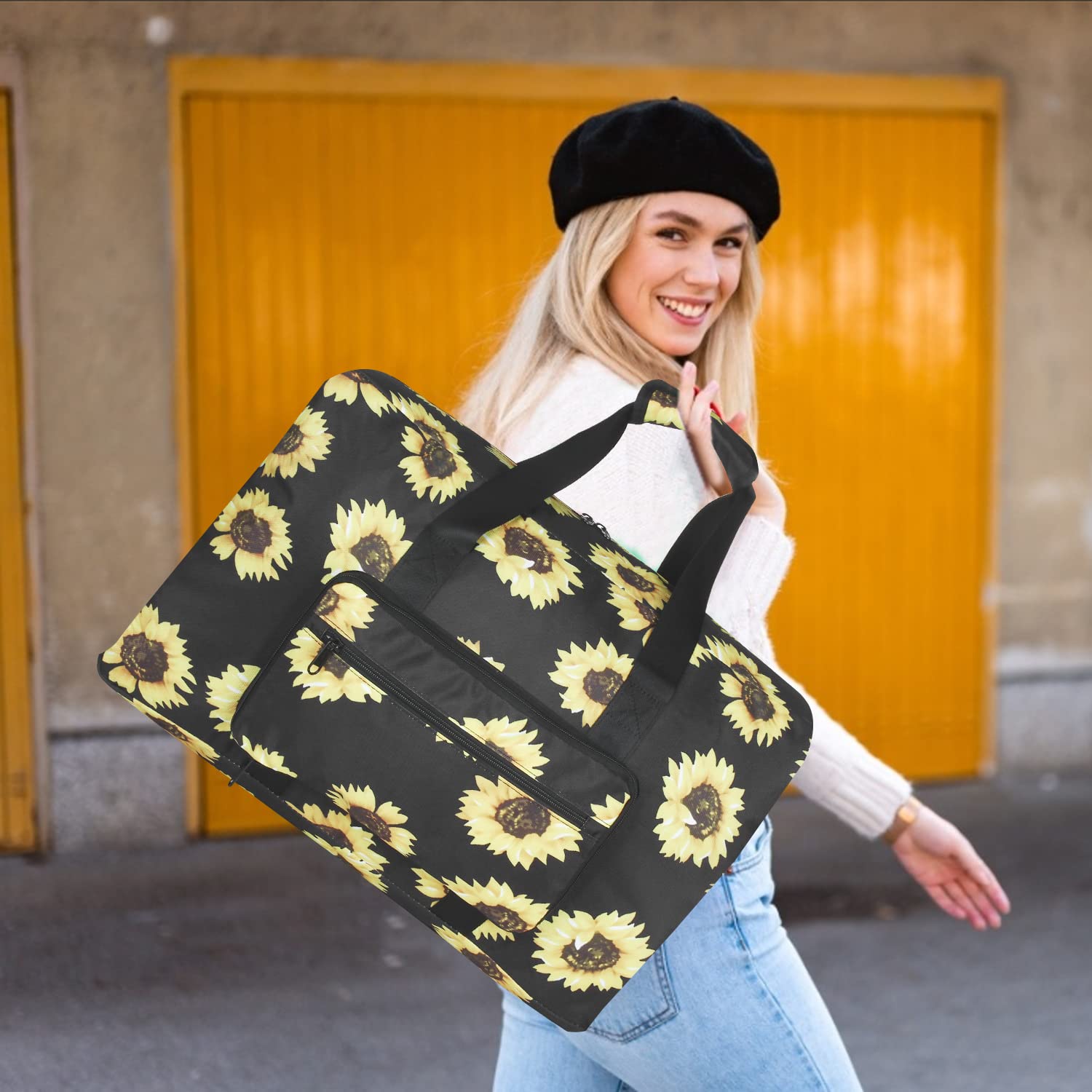 F.FETIVIN Women's Weekender Bag - Medium Carry On Duffle Overnight Travel Bag (Sunflower Yellow) - Perfect for Gym, Weekend Trips & Airplane Carry-On