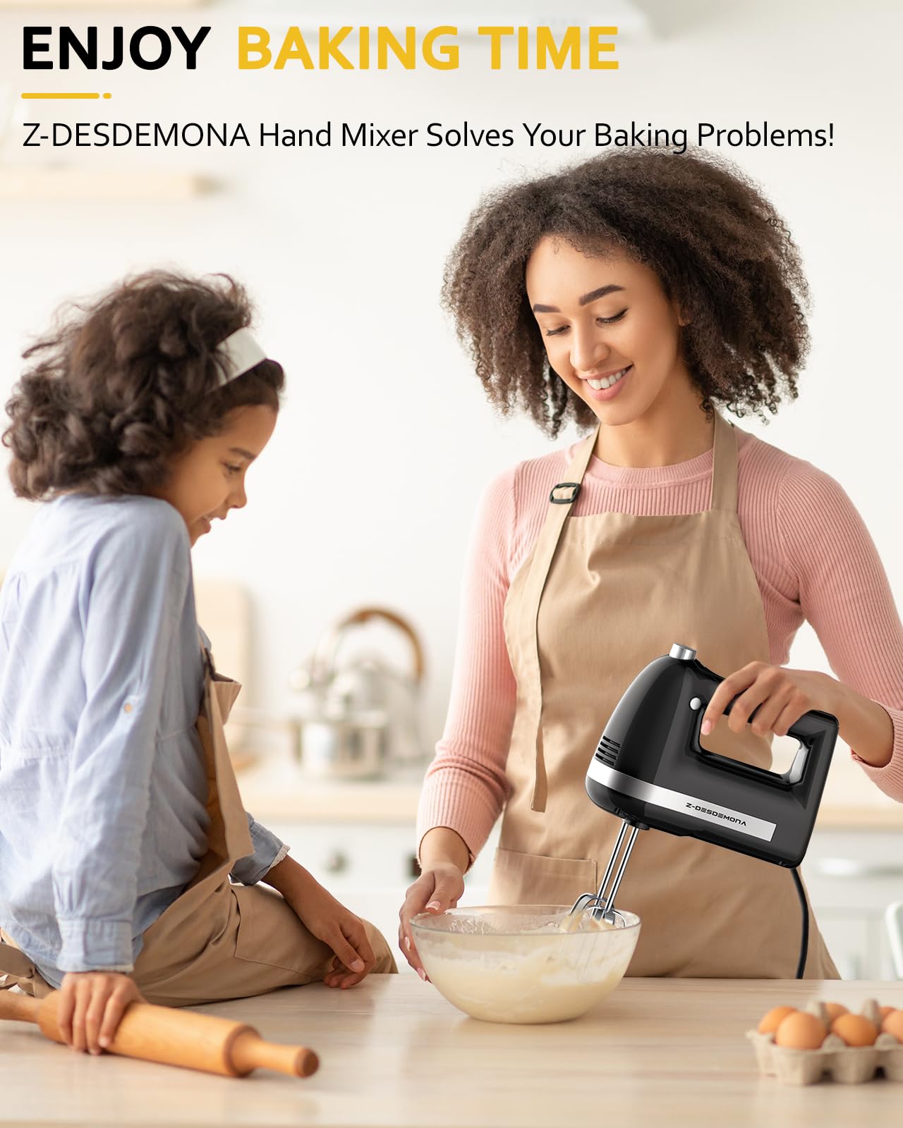 300W Powerful Electric Hand Mixer with 304 Stainless Steel Beaters & Dough Hook - Turbo Handheld Mixer for Baking Cakes, Whipping Eggs, Cream - Perfect for Home Kitchen & Professional Bakers (Black)
