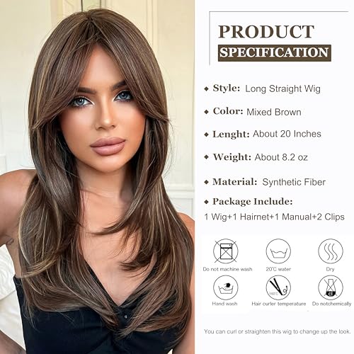 Long Straight Curtain Bangs Mixed Brown Wig for Women - Natural Looking Synthetic Hair for Daily Wear & Cosplay