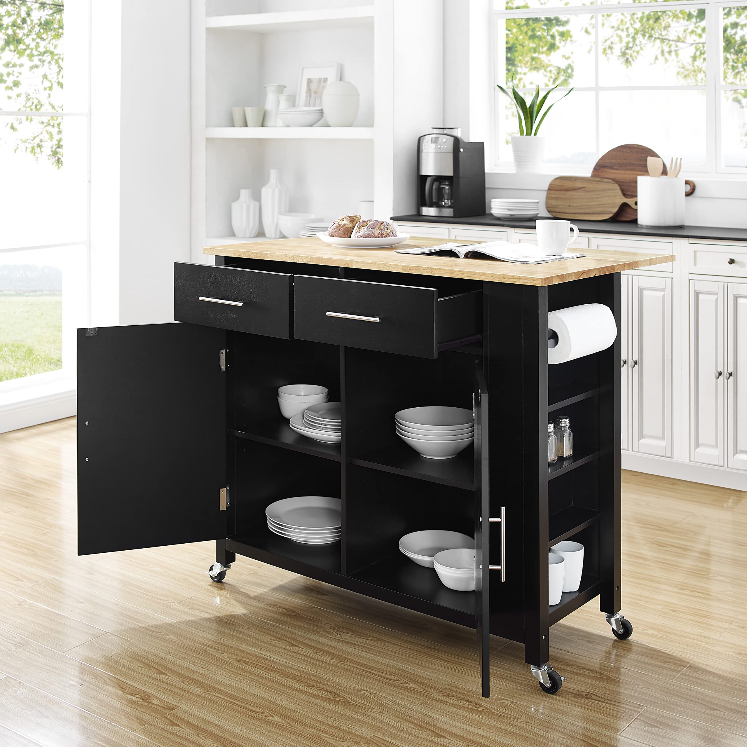 Crosley Savannah Drop Leaf Kitchen Island Cart with Wood Top, Spice Rack & Shelves - Black | Rolling Kitchen Cart for Small Spaces, Breakfast Nook & Apartment Living | Perfect for Storage & Food Prep