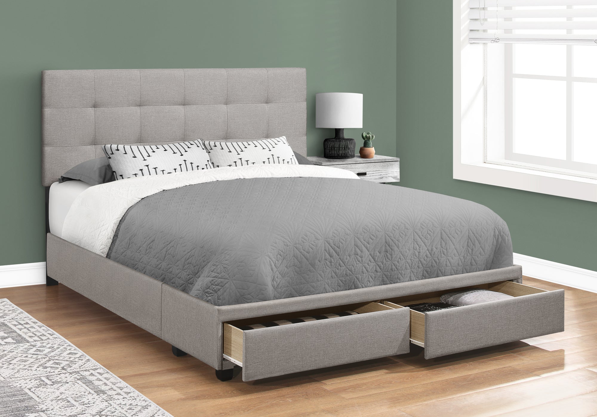 Queen Size Grey Linen Bed Frame with 2 Storage Drawers - Modern Platform Bed with Underbed Storage for Small Spaces & Bedroom Organization