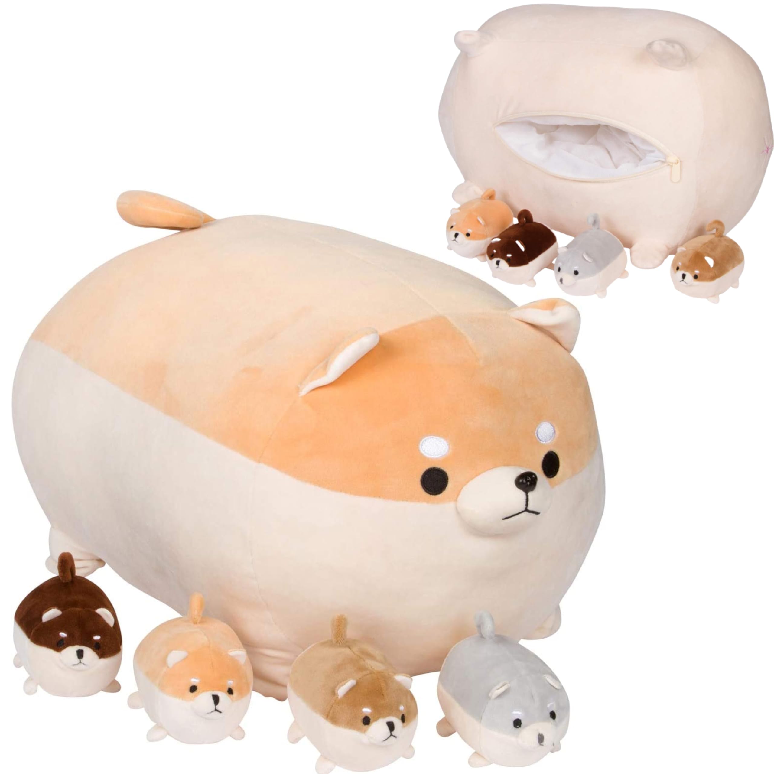 PixieCrush Shiba Inu Plush Toy Set - Soft Stuffed Dog with 4 Puppies for Kids - Cute Animal Pillow for Imaginative Play & Cuddling - Perfect Gift for Girls Ages 3-8 - Great for Bedtime, Playtime & Nursery Decor